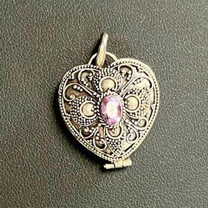 Sterling Silver Heart Locket/Necklace Pendant with Amethyst